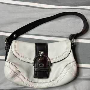 White leather EUC coach shoulder bag, brown buckle closure